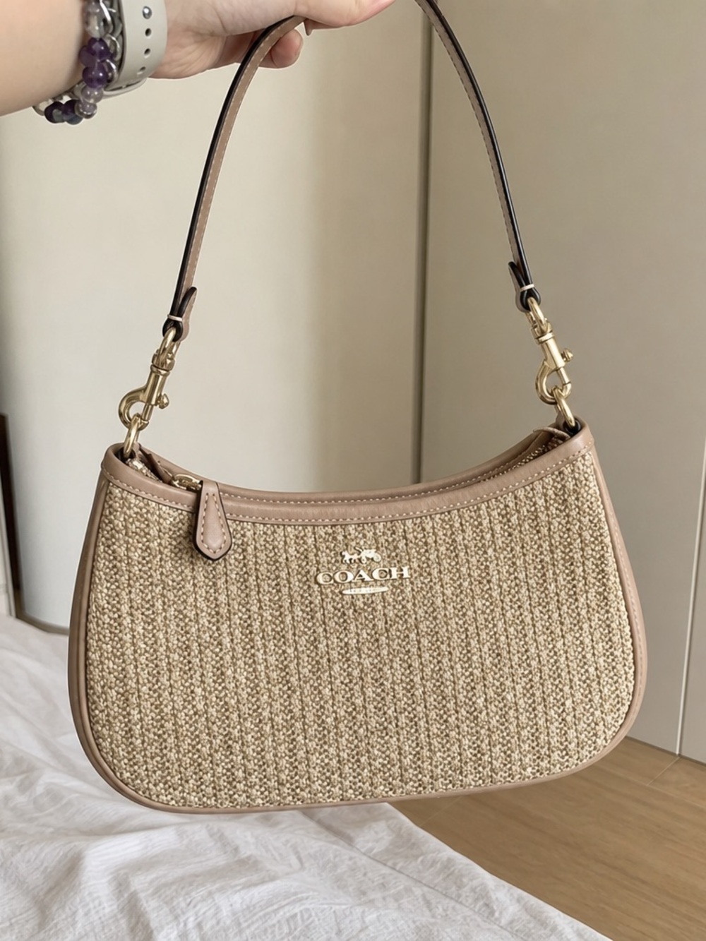 Coach Straw-Effect Shoulder Bag in Beige and Tan